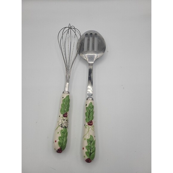 Temptations Tara Winter Whimsy Holly Ceramic Handle Stainless Whisk & Spoon - Picture 2 of 5